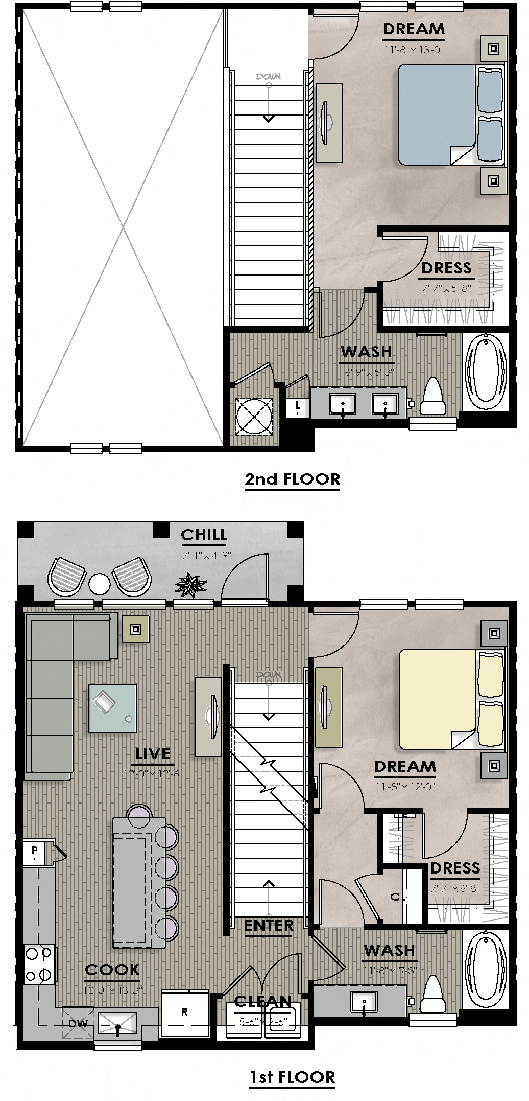 Floor plan for 2 beds, 2 baths, 1272 sqft
